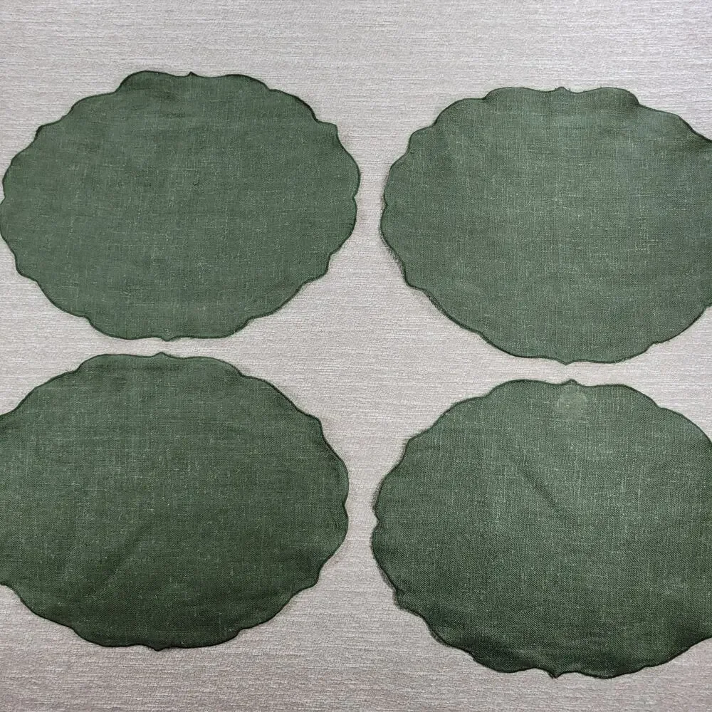 VTG Williams Sonoma Linen Placemats Sage Green Scalloped Edge Oval Set of 4